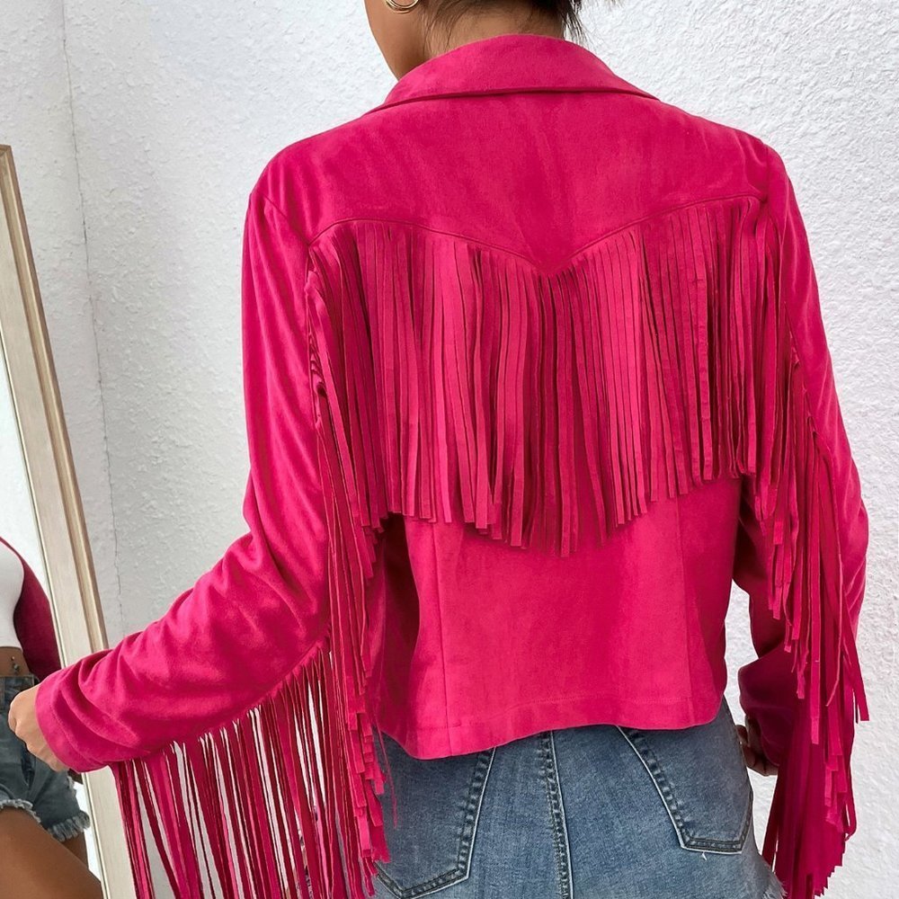 Pink Casual Womens Fringe Trim Open Front Jacket - Picture 2 of 5